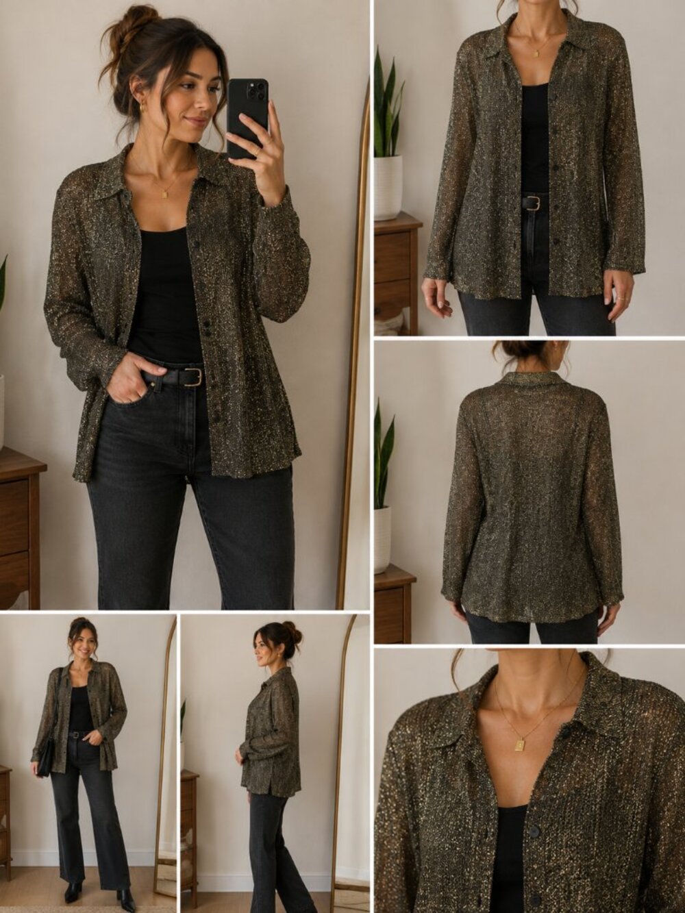 Alfred Dunner Metallic Gold Black Knit Cardigan Womens M Vintage Y2K